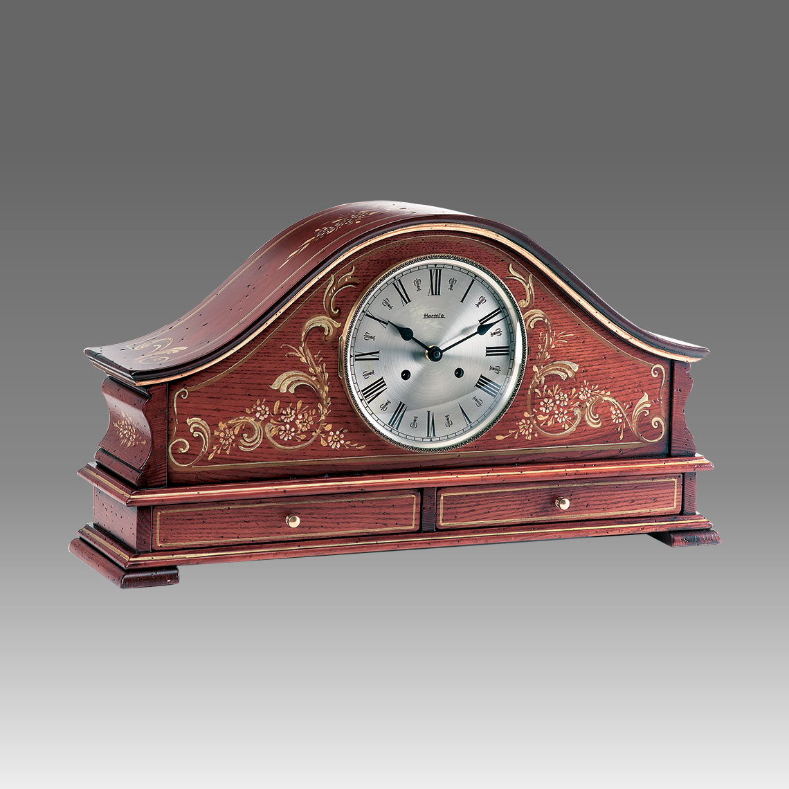 Mante Clock, Table Clock, Cimn Clock, Art.335/2 Walnut with hand-decoration and drawers - Bim Bam melody on Bells, Silver round dial